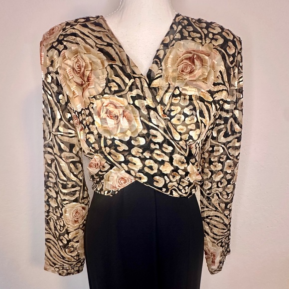 Vintage Metallic Gold Floral Bodice Dress, Size 10 - Picture 2 of 14